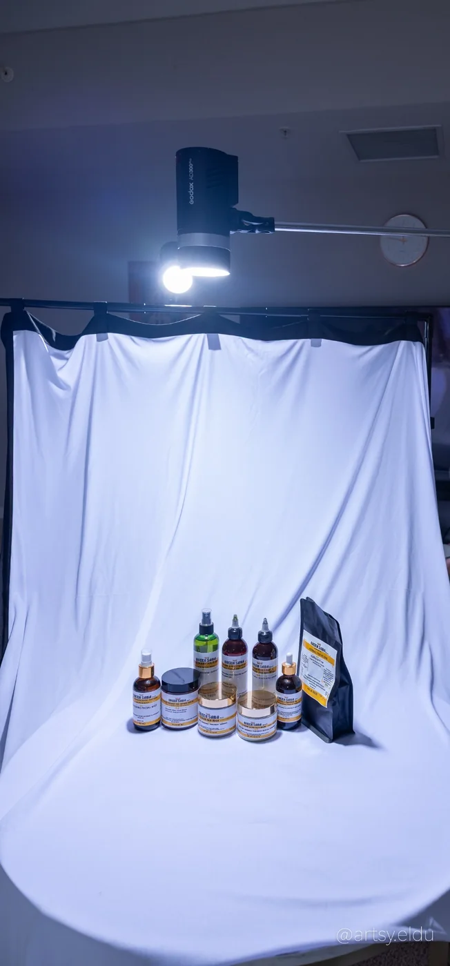 Behind the scenes product photography setup for Queen Saba Beauty